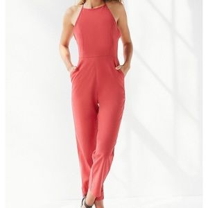 Urban Outfitters High Neck Linen Jumpsuit in Coral
